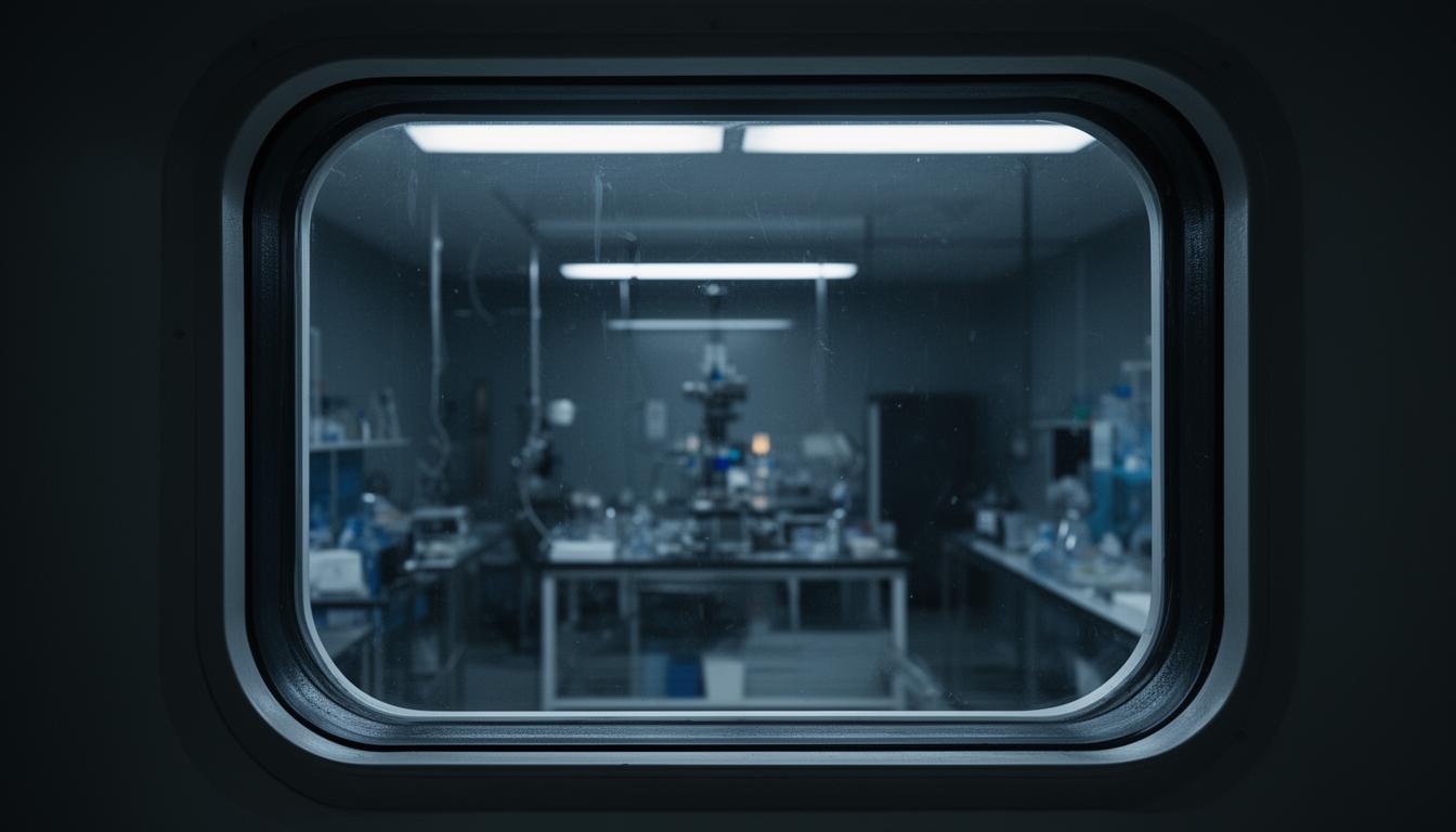 Thick isolation glass reflecting light, a darkened laboratory beyond