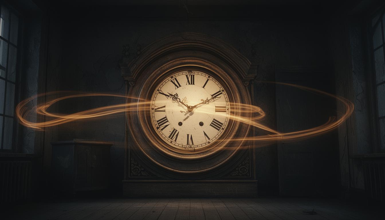 A clock face in a dark room photographed with long-exposure light trails