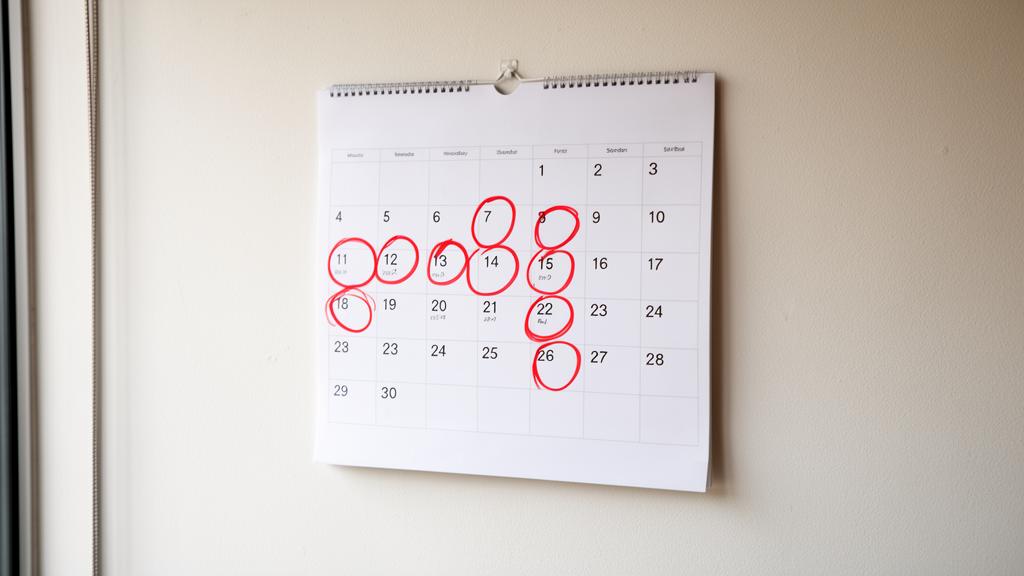 A wall calendar with dates circled in red pen
