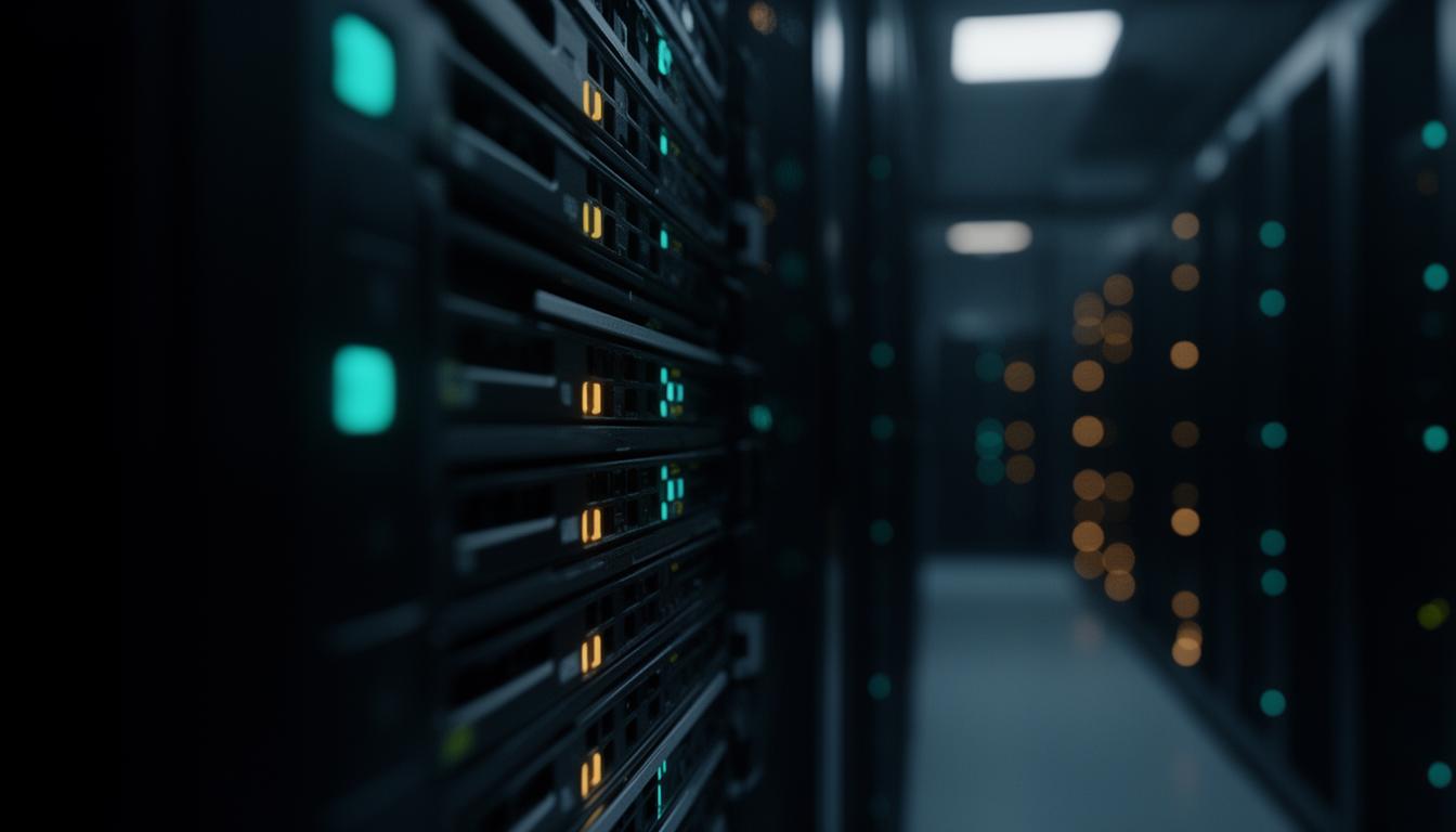 Server rack indicator lights receding down a dark data centre aisle