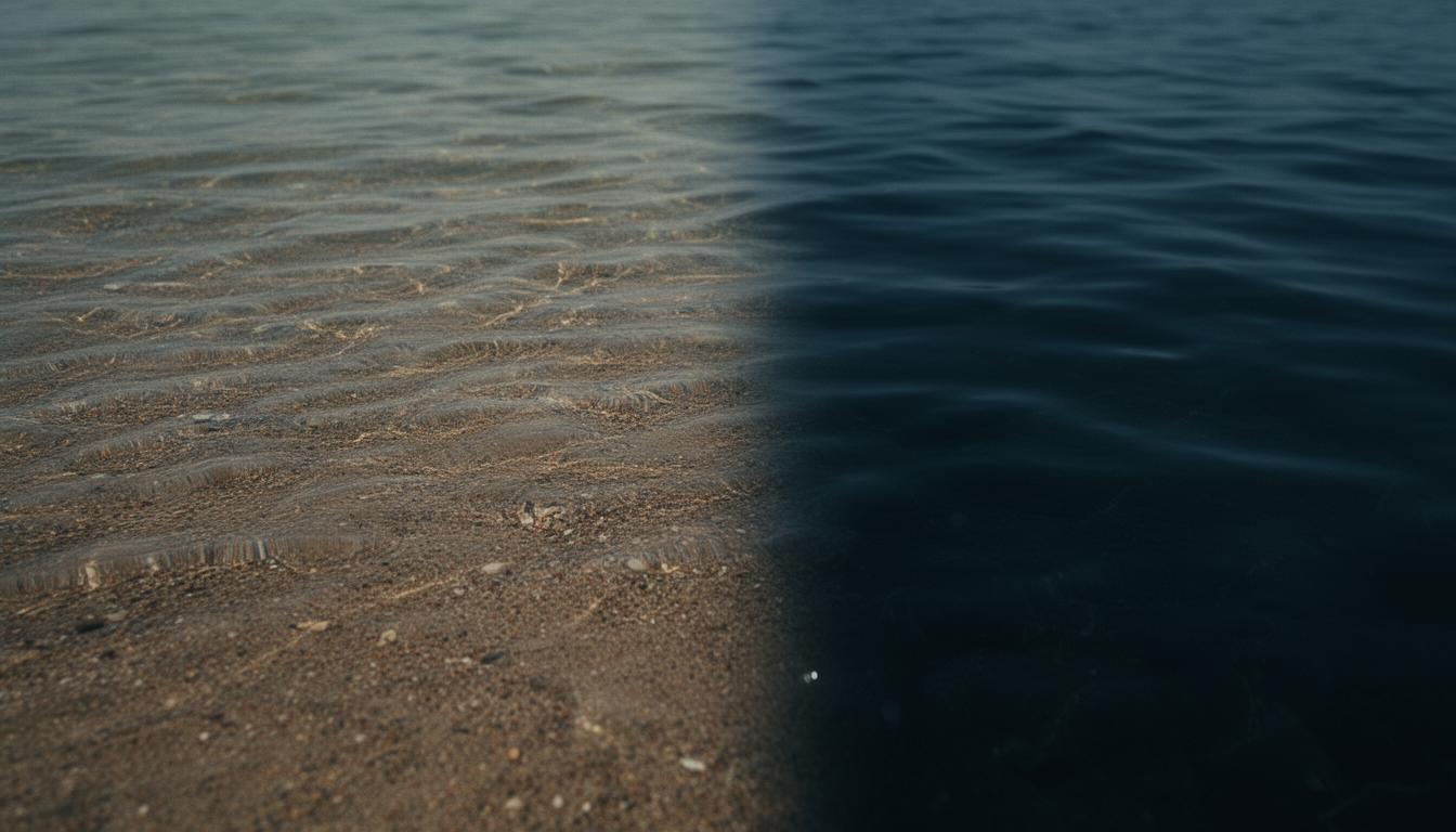 Shallow rippling water over sand meeting deep dark water