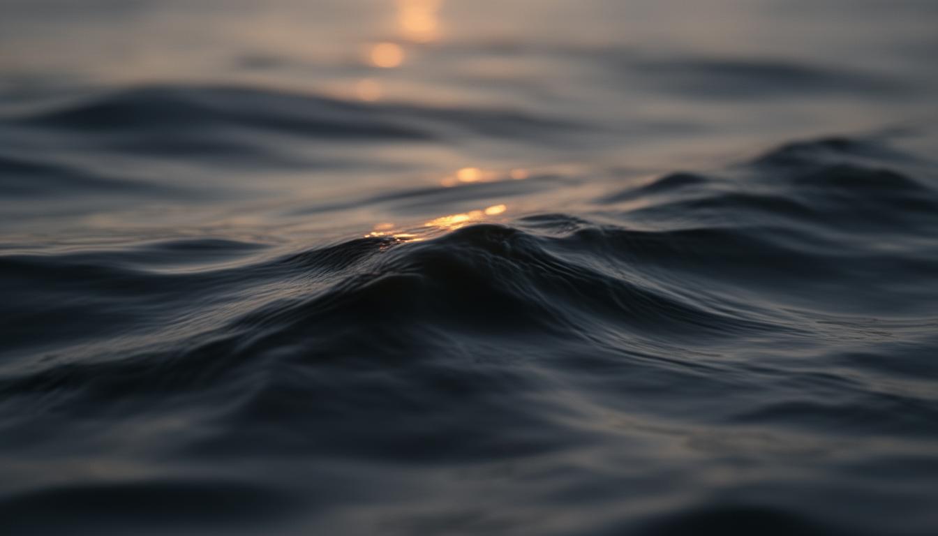 A wave crest in dark water catching a single warm light