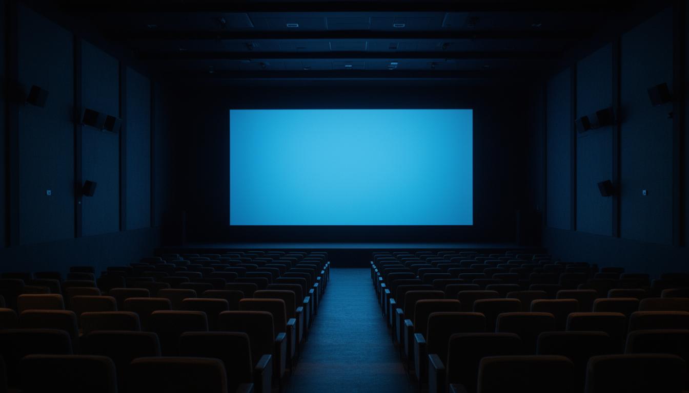 A dim lecture theatre with an empty projection screen glowing faintly blue