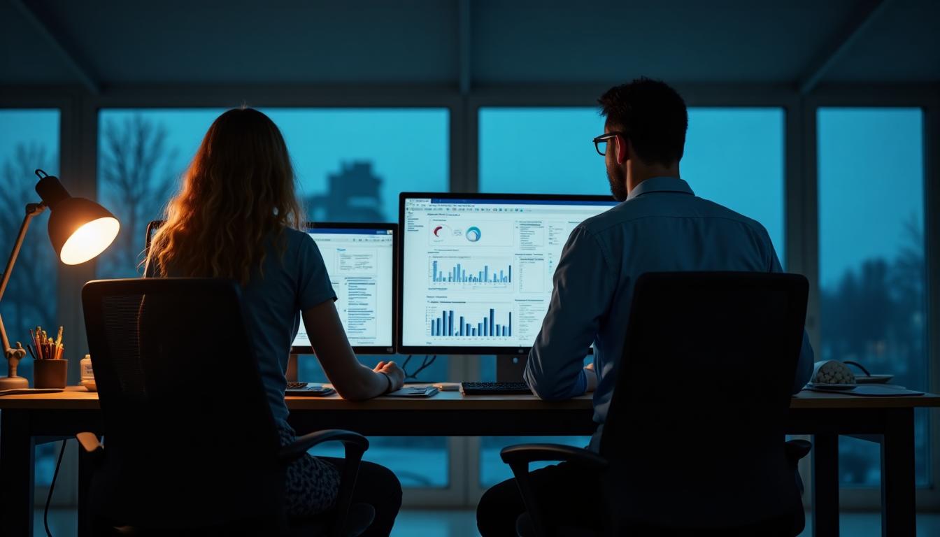 Two researchers at a shared desk reviewing charts on a monitor at dusk