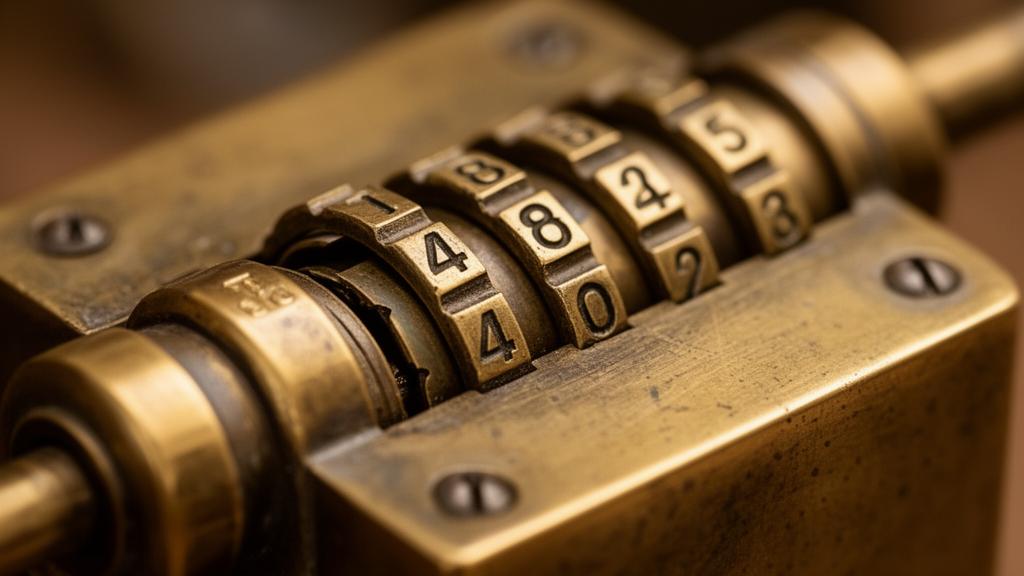 Close-up of a brass combination lock mechanism