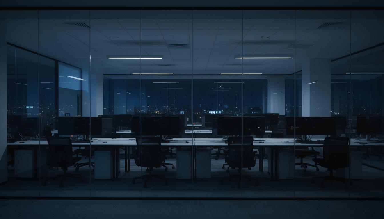 An empty open-plan office at night seen through glass, rows of dark monitors