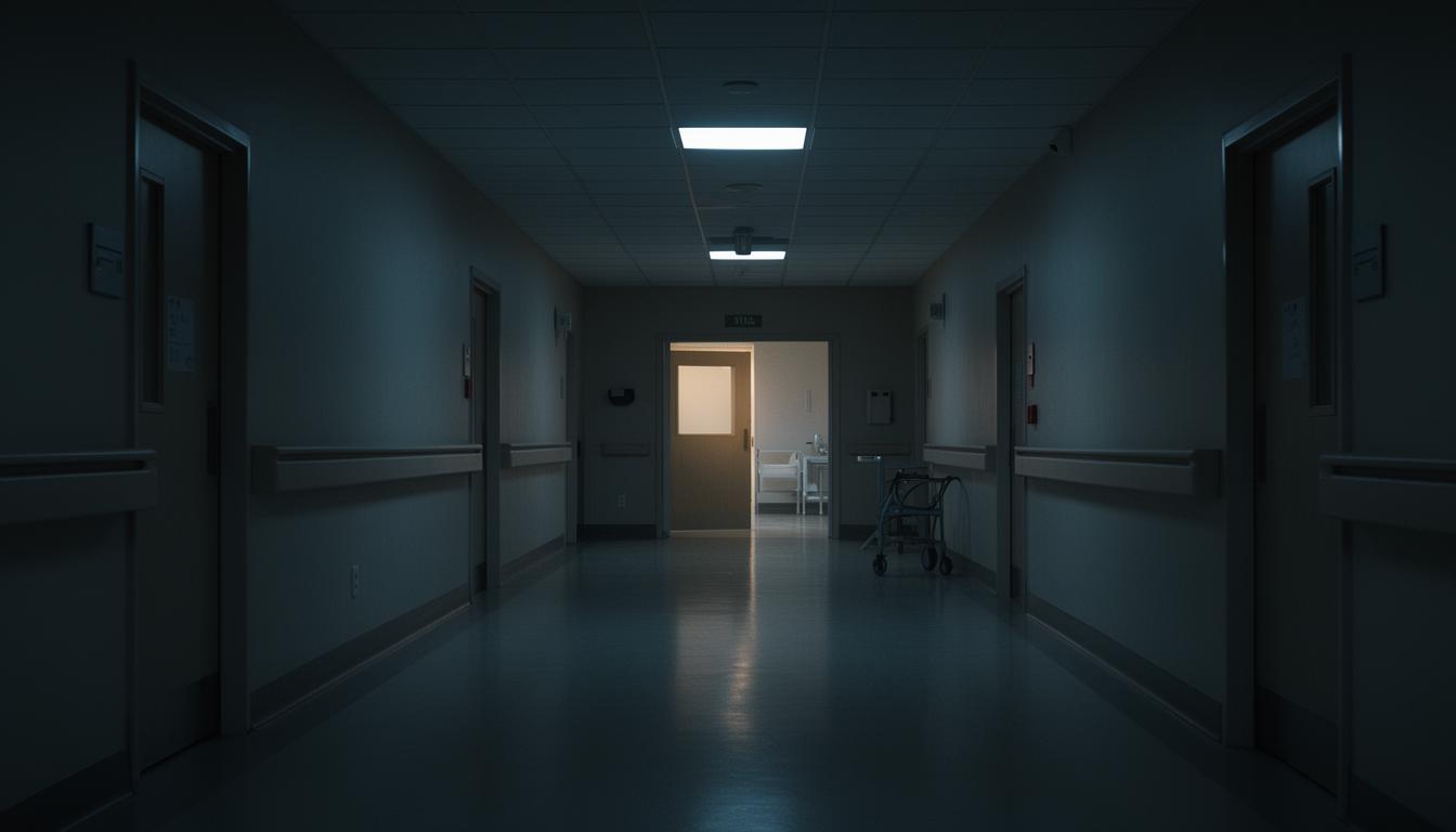 A dim hospital corridor at night with a single lit doorway at the far end