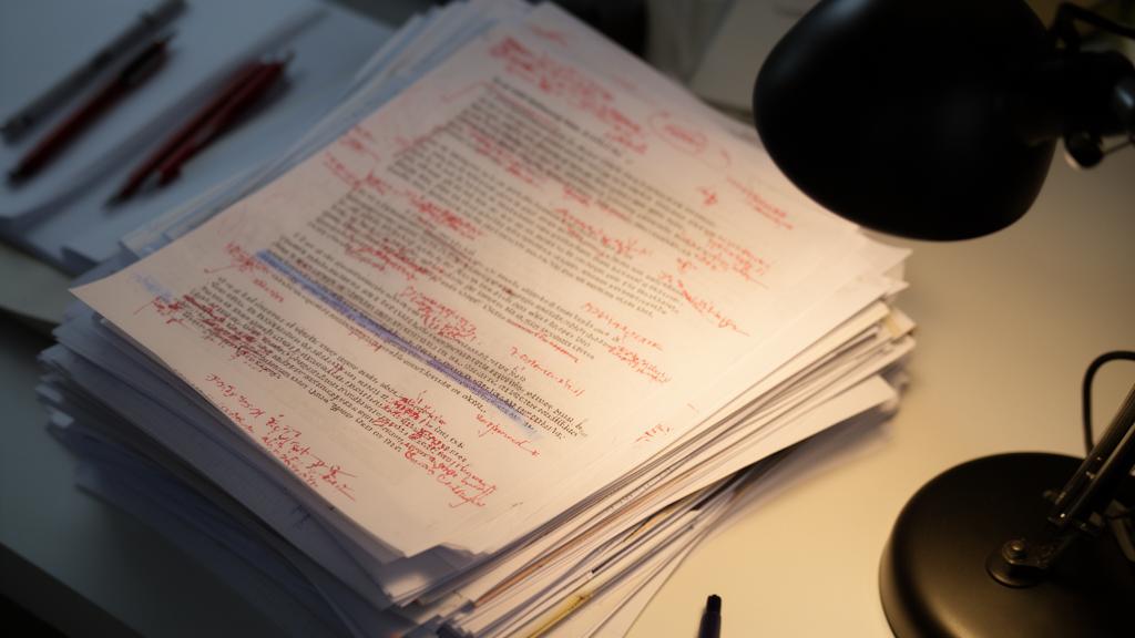 A stack of manuscript pages covered in red pen annotations