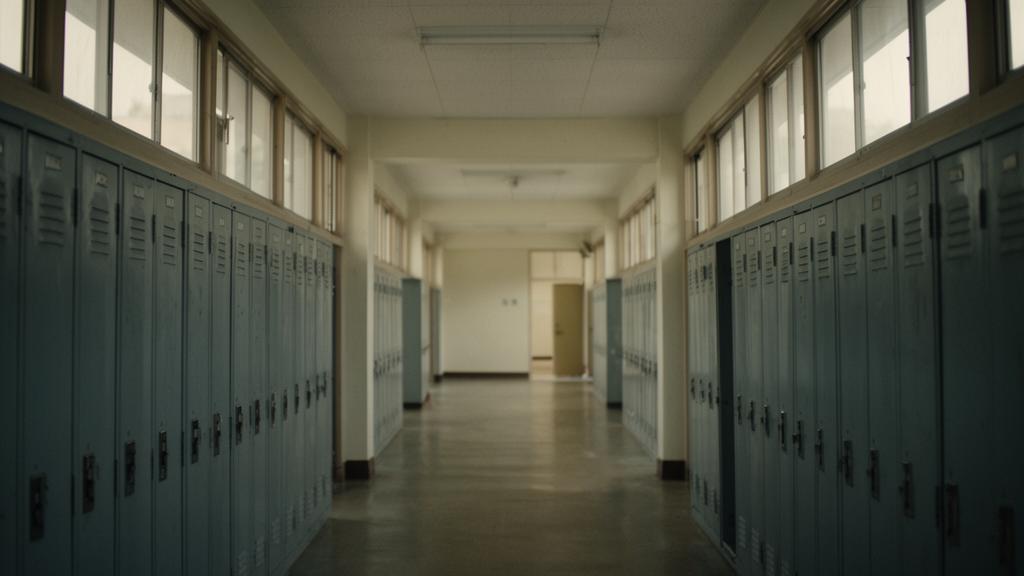 An empty school corridor lit by high windows