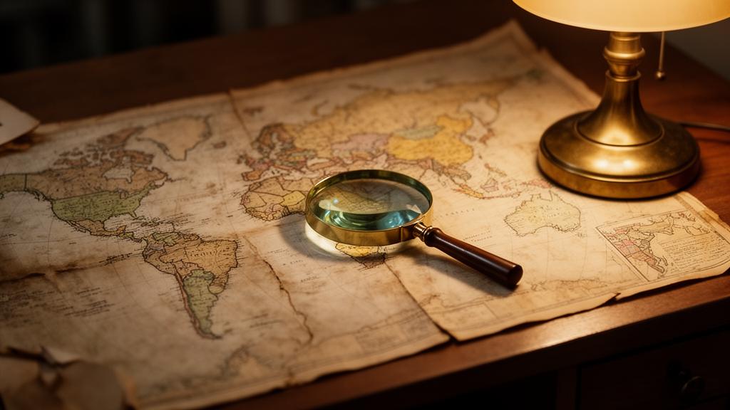 A magnifying glass resting on a worn paper world map