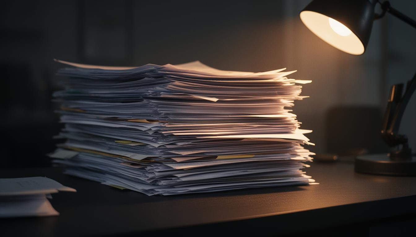 A tall stack of printed papers on a dark desk, lamplight raking across the edges