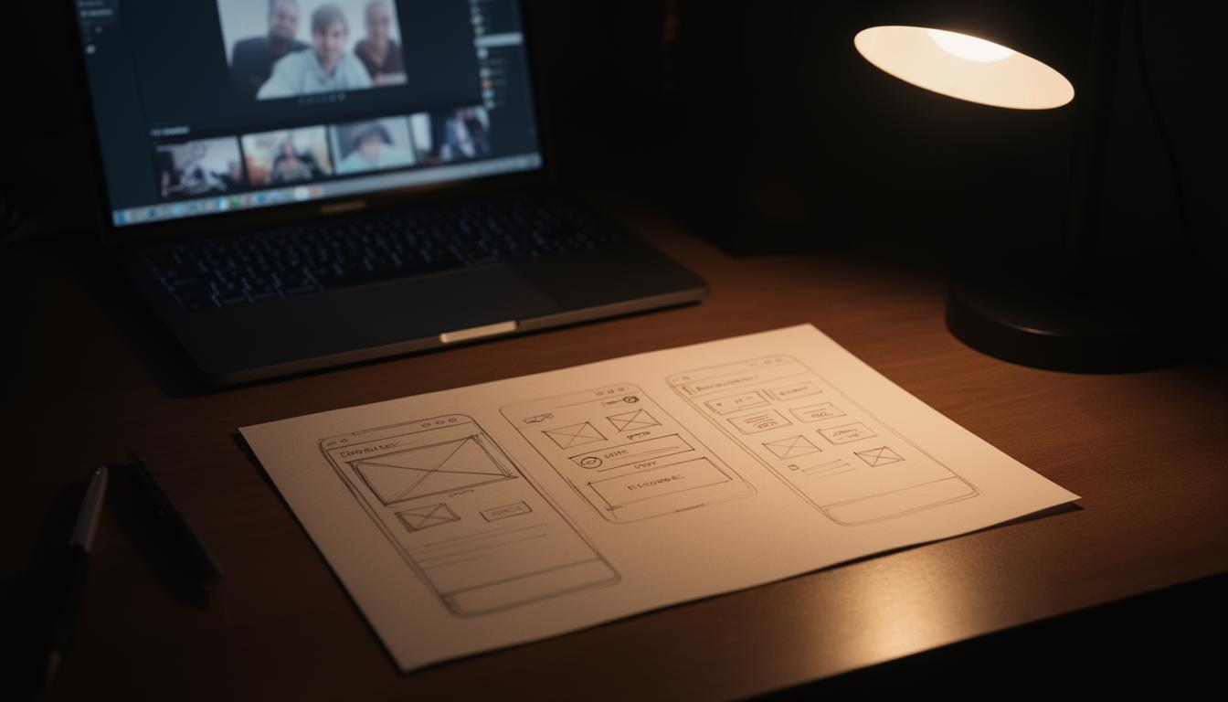 A hand-drawn interface wireframe on paper beside a laptop under a desk lamp