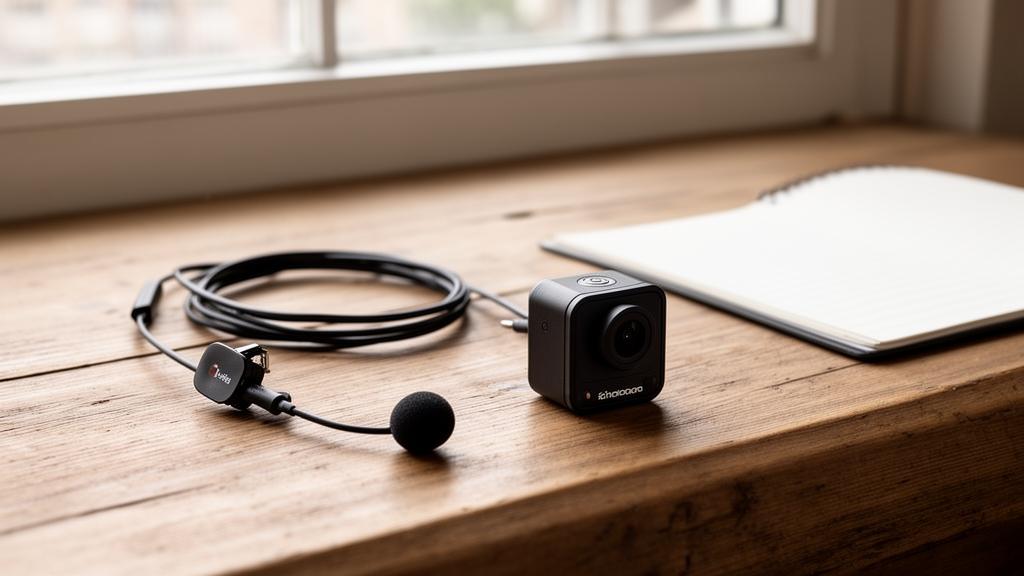 A lapel microphone and small camera on a wooden table