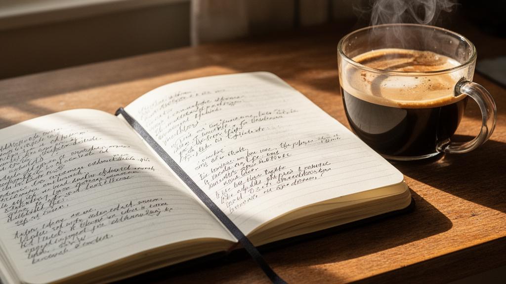 An open handwritten notebook beside a cup of coffee