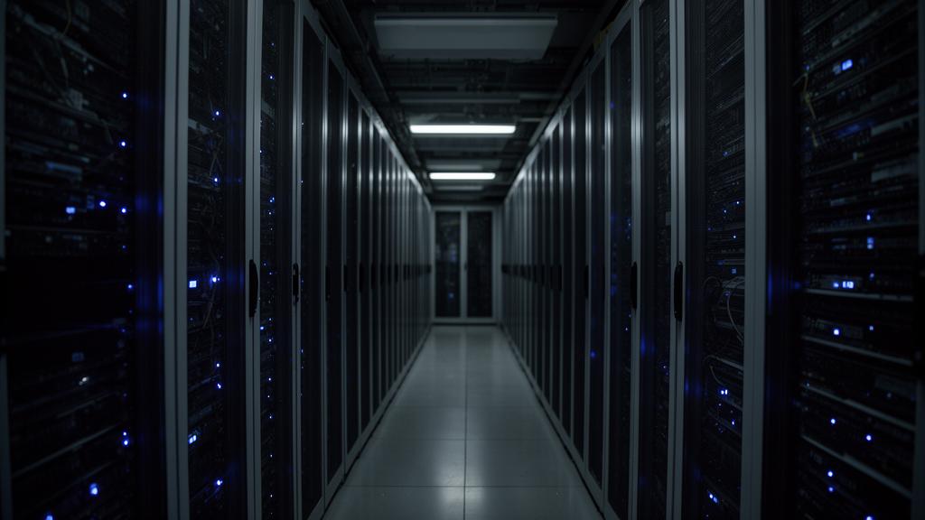 A dim server room aisle lined with equipment cabinets