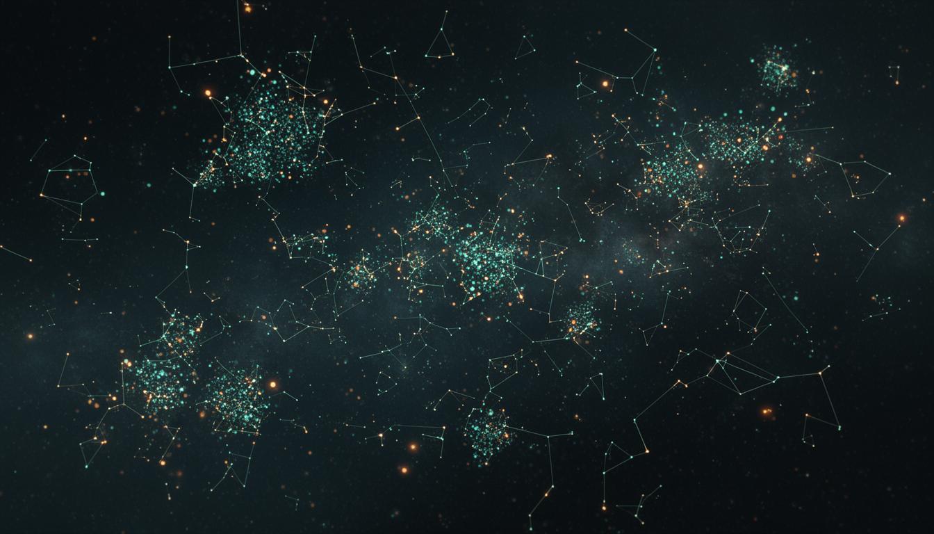 A constellation of glowing points connected by faint lines, clustered in groups
