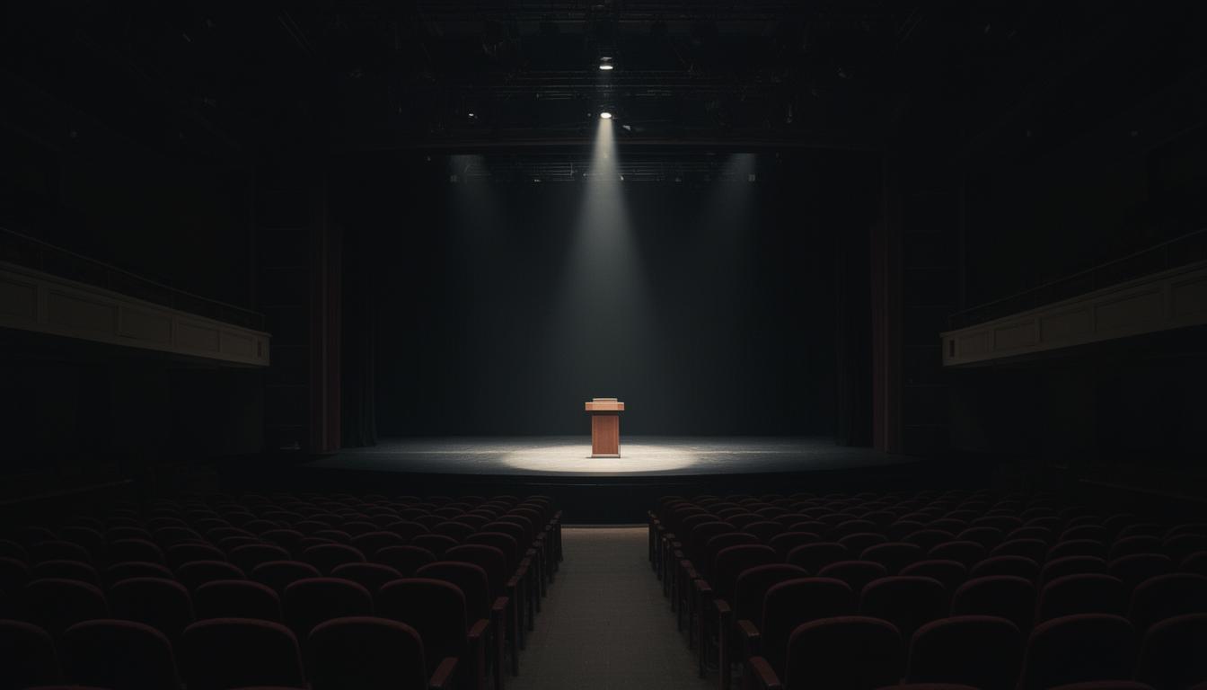 An empty auditorium stage with a spotlight on a bare podium